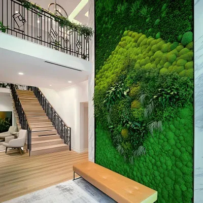 Architectural staircase beside a diamond-patterned preserved moss wall in a modern residence