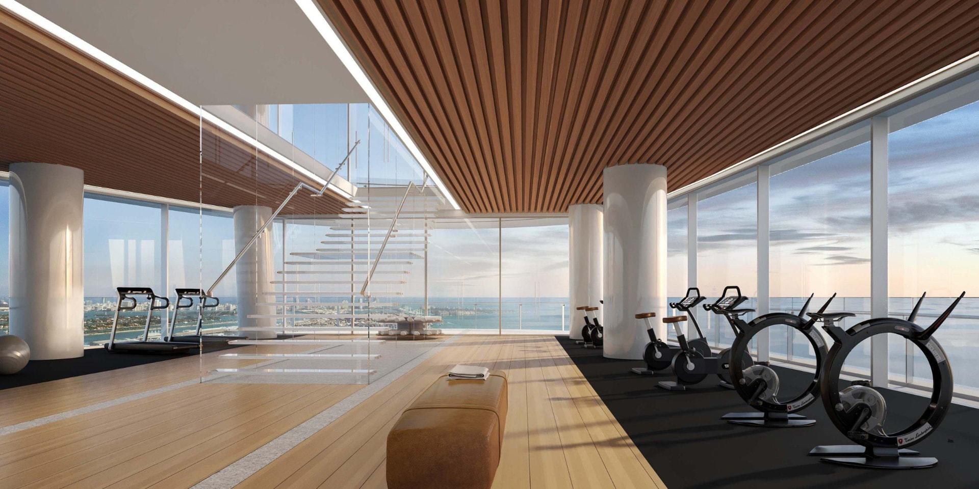 Fitness centre at Aston Martin Residences Miami with panoramic views and floor-to-ceiling glazing