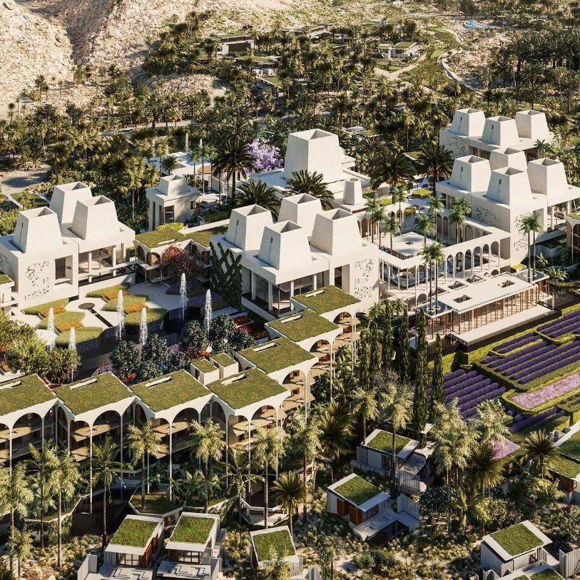 Aerial architectural rendering of Clinique La Prairie Health Resort at AMAALA on Saudi Arabia's Red Sea coast