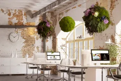 Suspended hanging gardens above workplaces in a converted industrial office