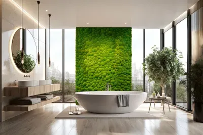 Luxury penthouse bathroom with a floor-to-ceiling preserved moss wall beside floor-to-ceiling windows