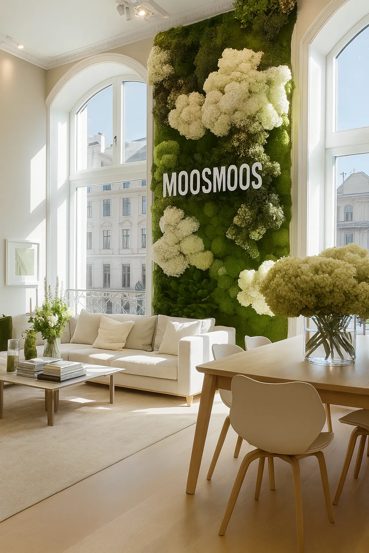 Tall preserved MOOSMOOS moss wall between large arched windows in a bright, premium residential interior