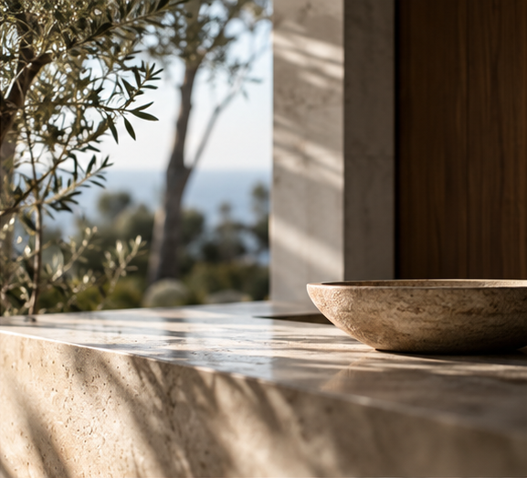 Travertine bowl on a sunlit stone surface with olive branches and a sea view