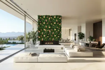 Flower wall above a linear fireplace in a minimalist luxury living room with panoramic views