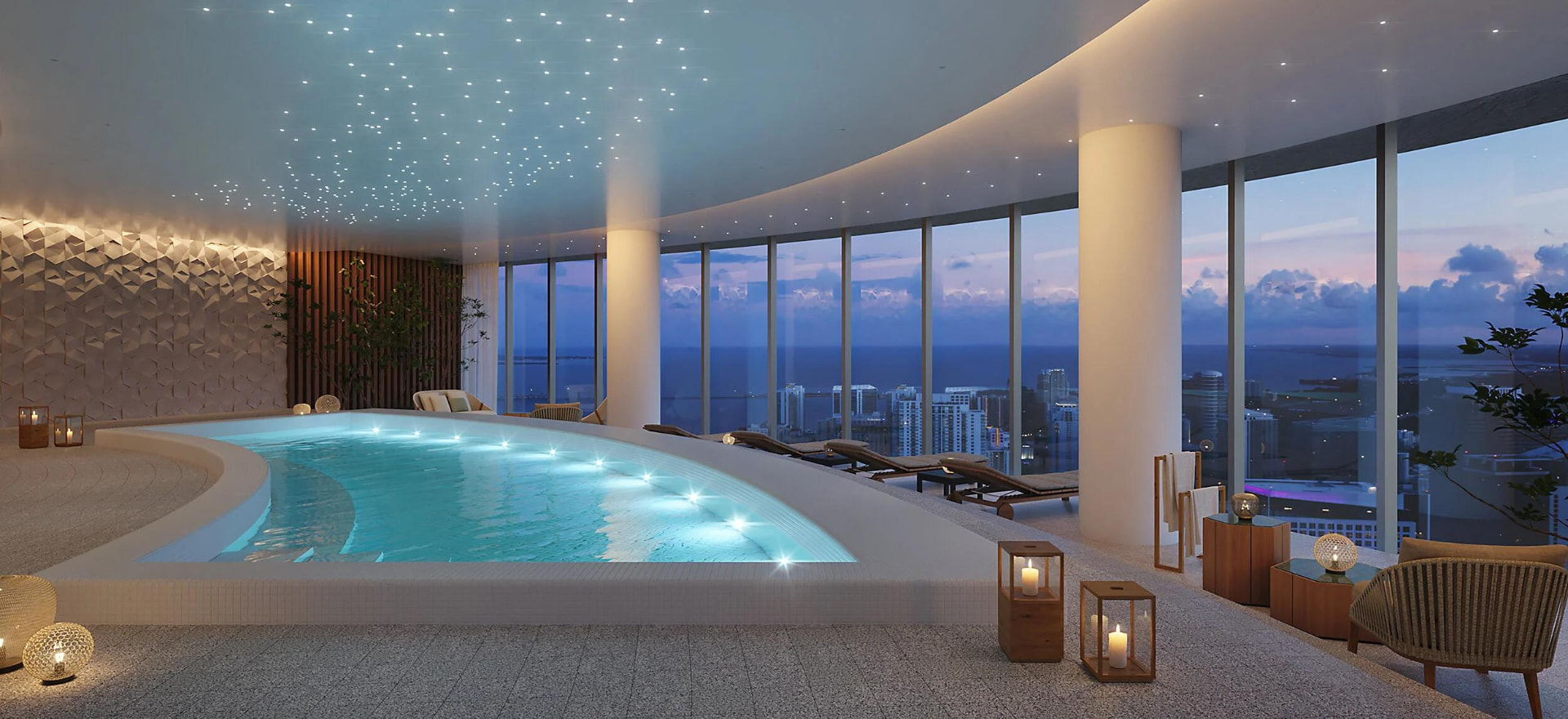 Spa pool inside the Sky Amenities at Aston Martin Residences Miami overlooking Biscayne Bay